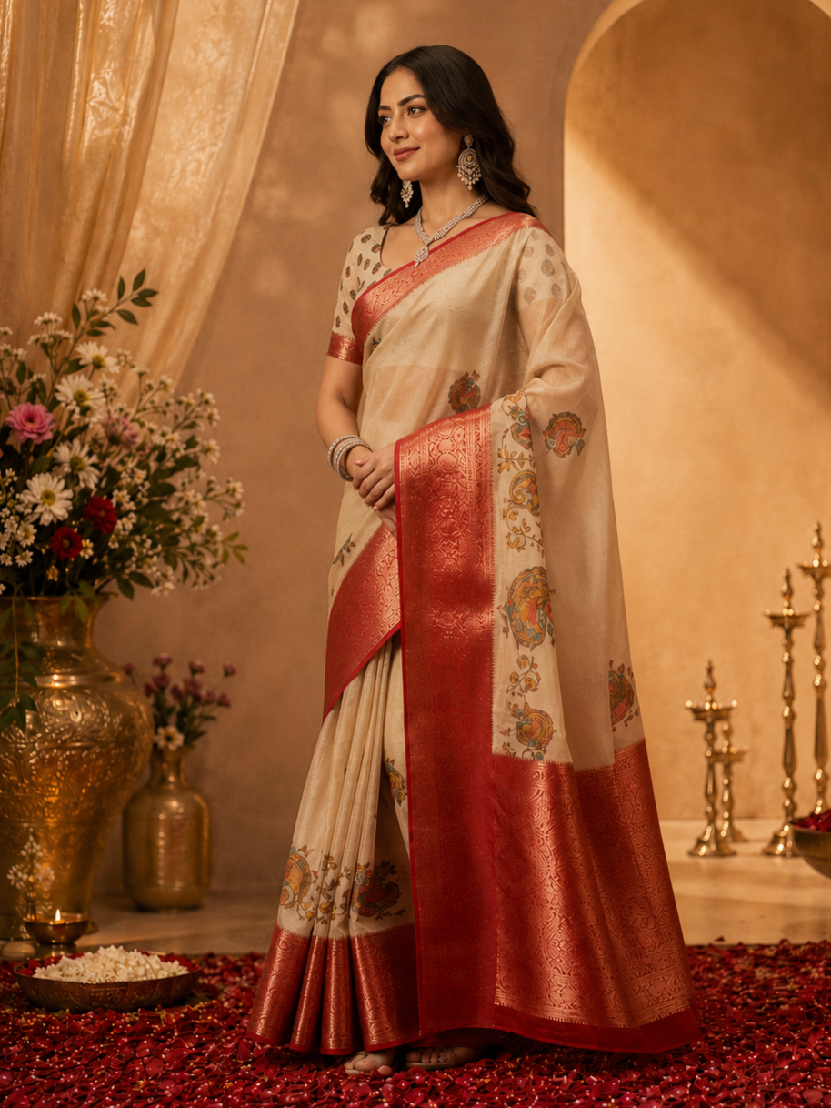 Captivating Beige Zari Weaving Muslin Silk Wedding Saree