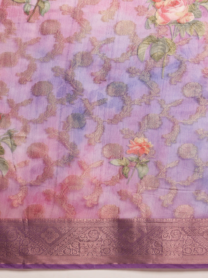 Lavishing Purple Floral Printed Cotton Engagement Wear Saree