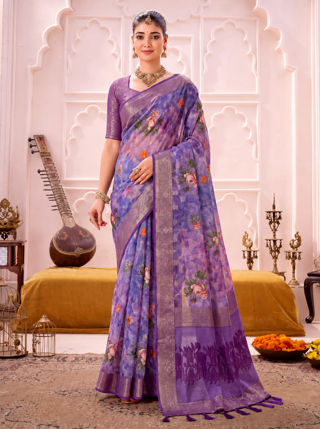 Lavishing Purple Floral Printed Cotton Engagement Wear Saree