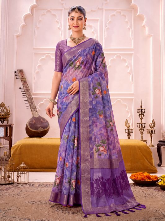 Lavishing Purple Floral Printed Cotton Engagement Wear Saree