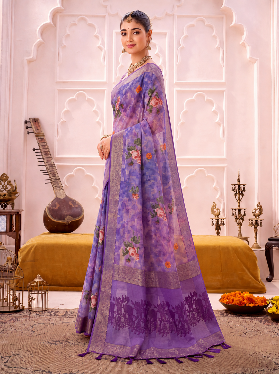 Lavishing Purple Floral Printed Cotton Engagement Wear Saree