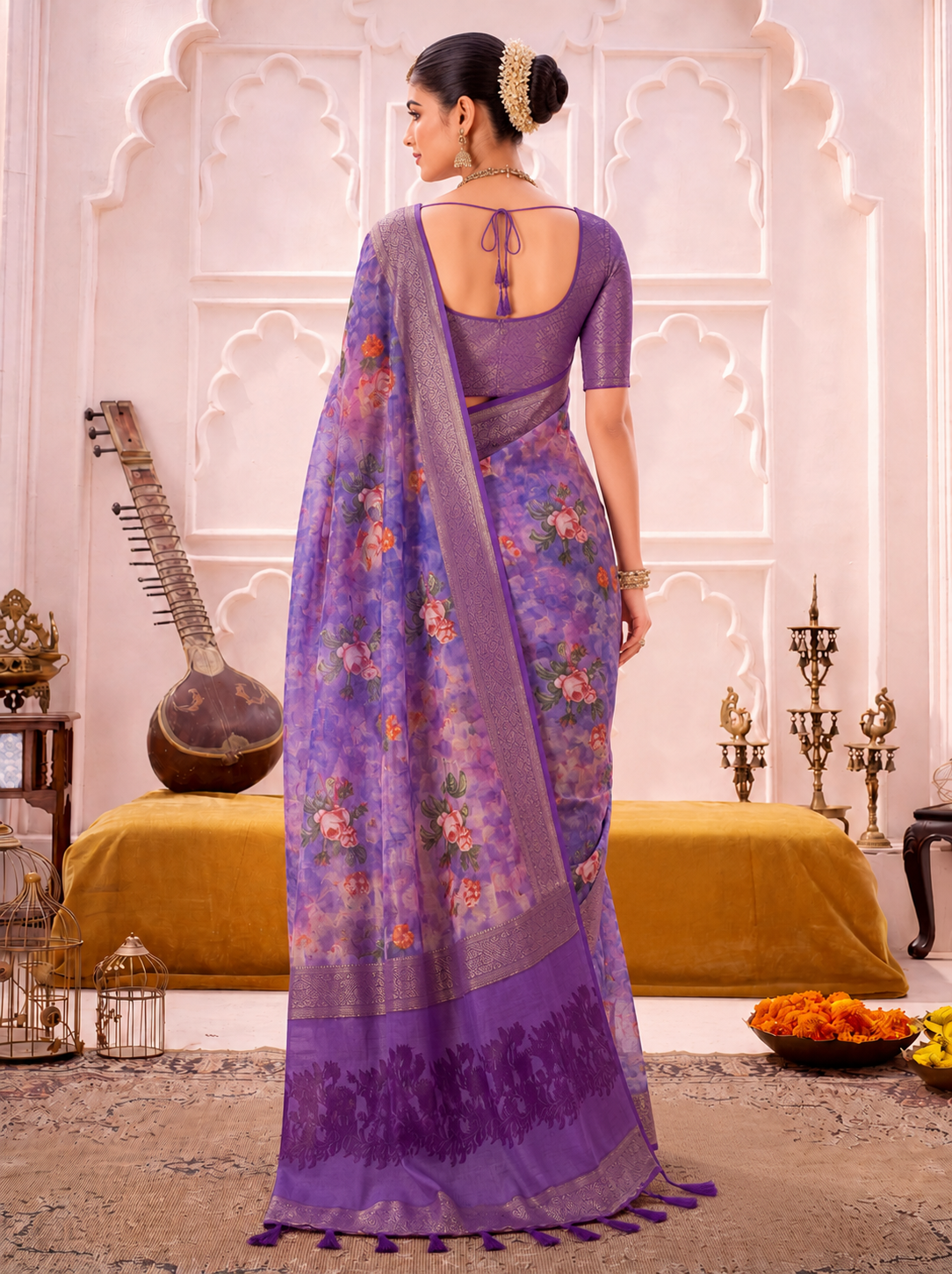 Lavishing Purple Floral Printed Cotton Engagement Wear Saree