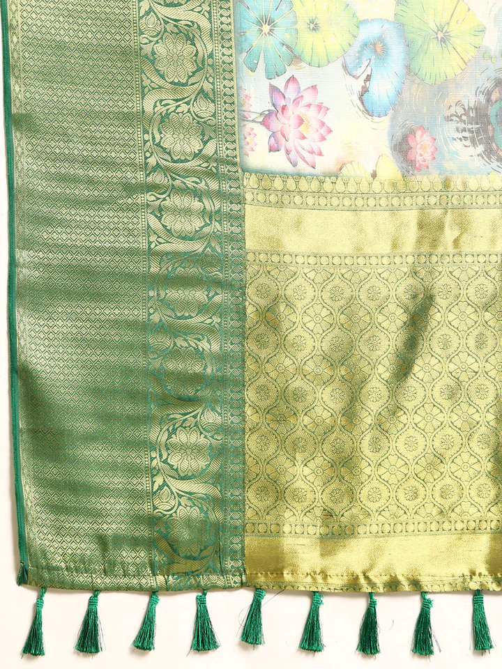 Adorable Green Floral Printed Silk Mehndi Wear Saree