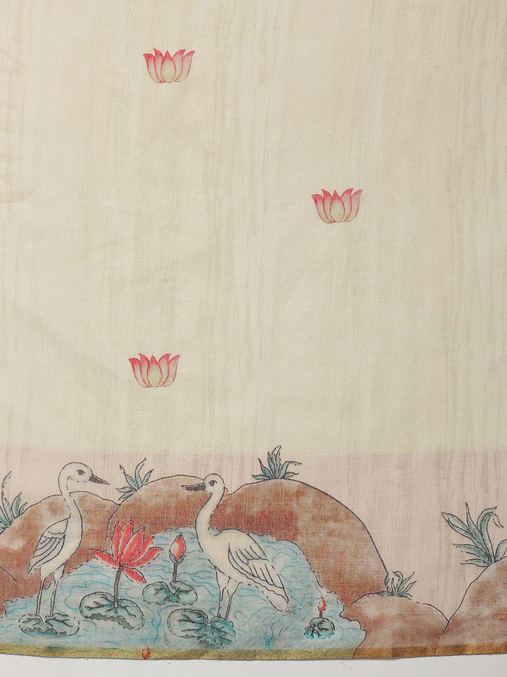Impressive Beige Digital Printed Cotton Festival Saree