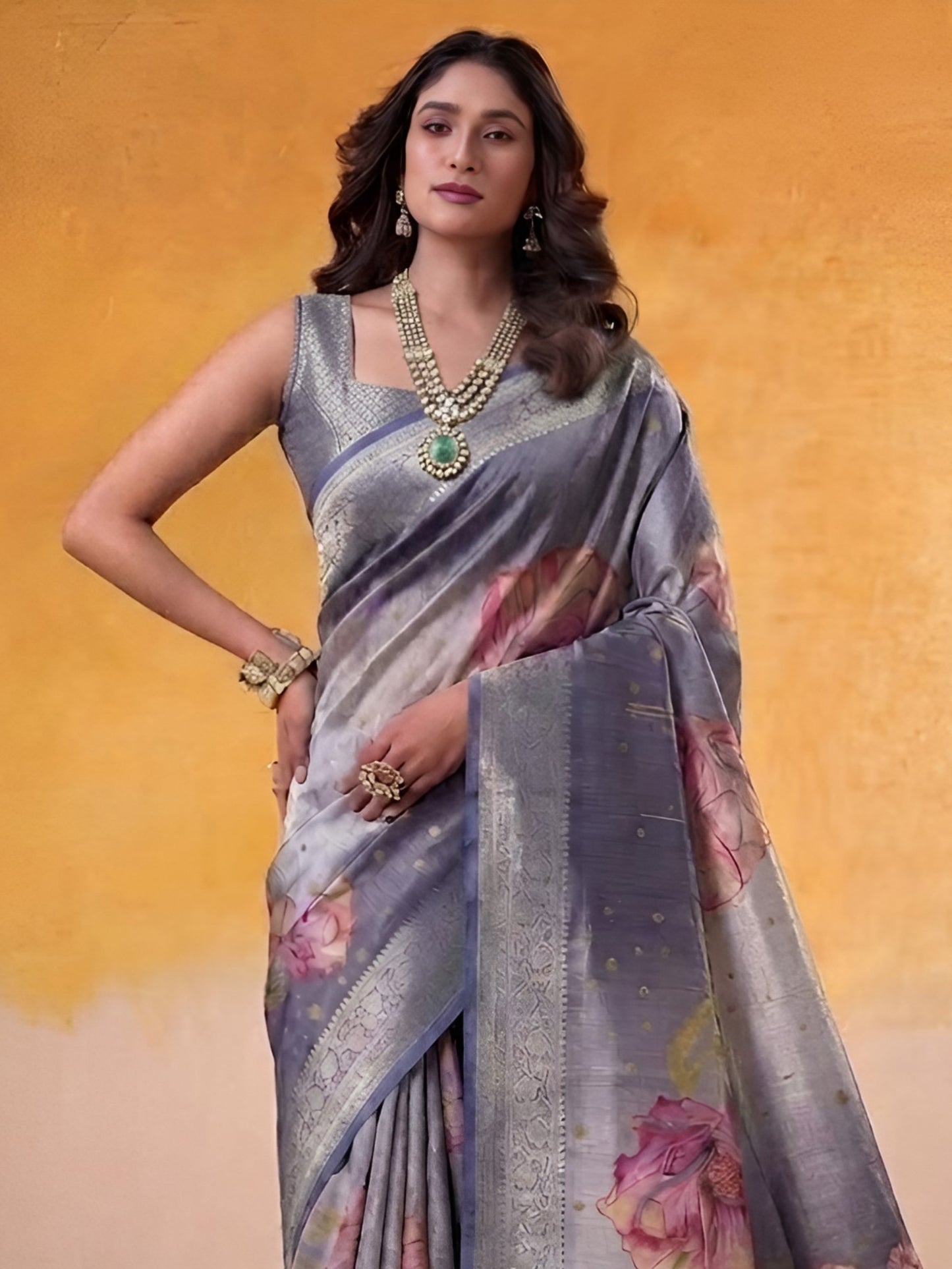 Spectacular Blue Zari Weaving Tissue Silk Saree