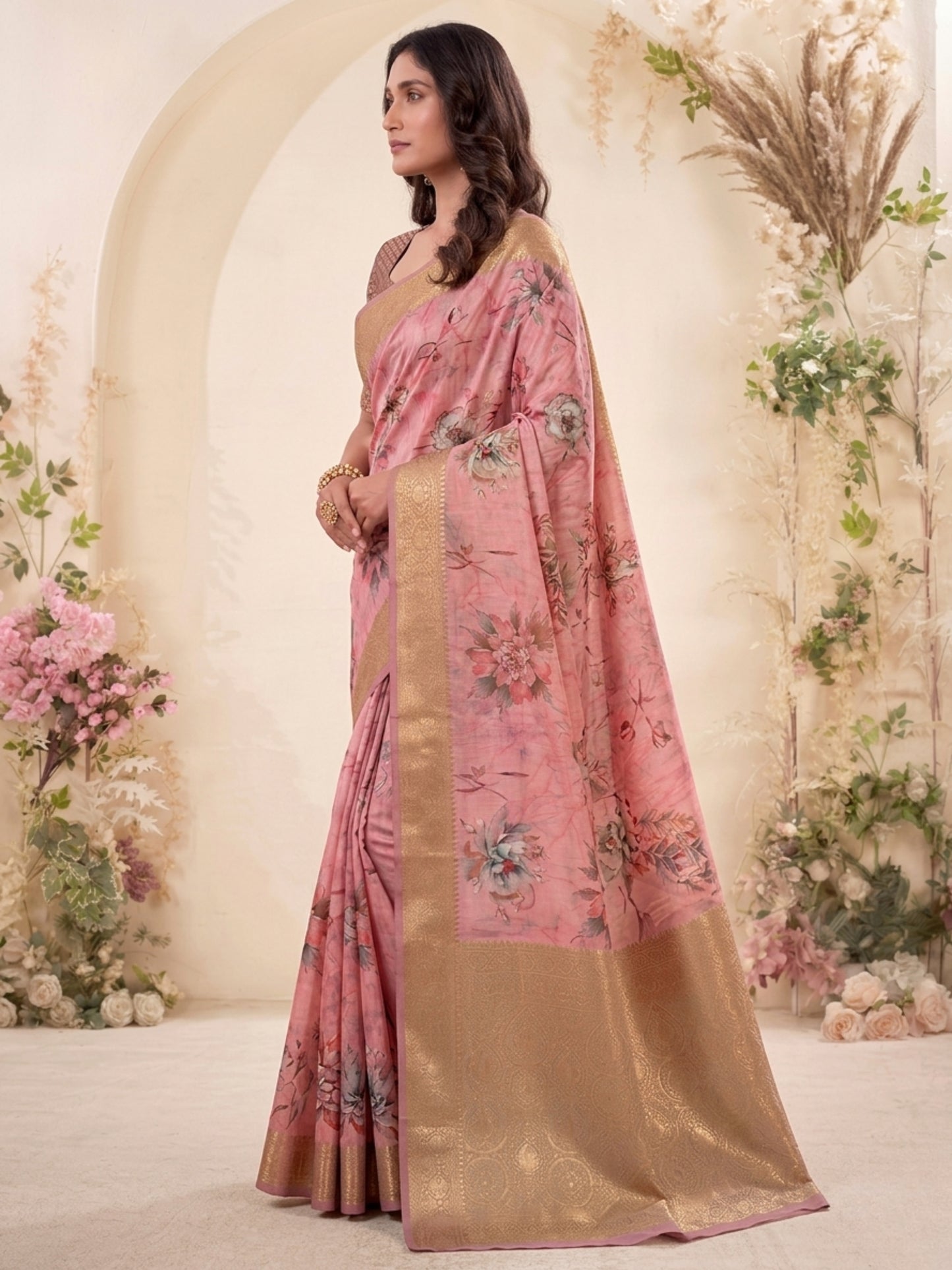 Charming Pink Floral Printed Reception Wear Dola Silk Saree