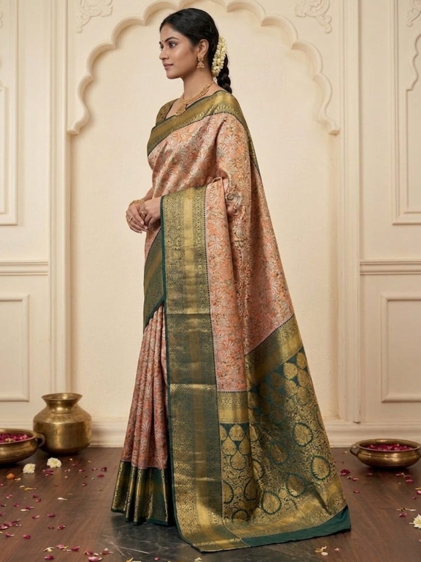 Royal Pink & Green Heavy Zari Work Pattu Silk Saree