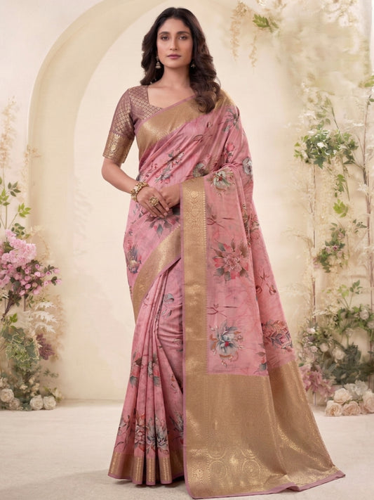 Charming Pink Floral Printed Reception Wear Dola Silk Saree