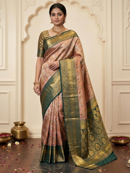 Royal Pink & Green Heavy Zari Work Pattu Silk Saree