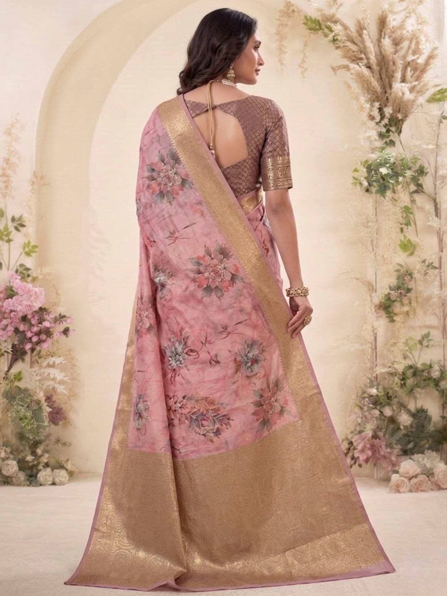 Charming Pink Floral Printed Reception Wear Dola Silk Saree