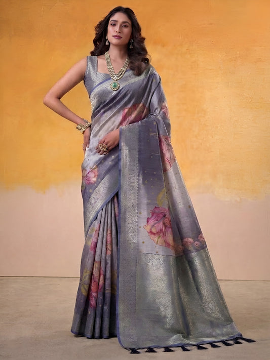Spectacular Blue Zari Weaving Tissue Silk Saree