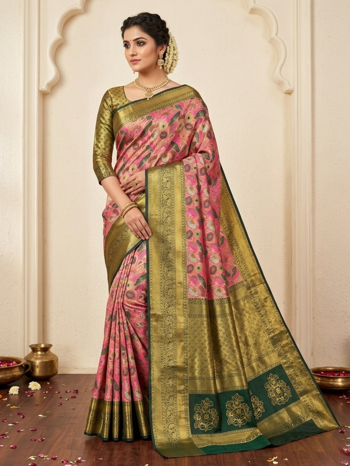 Attractive Pink Heavy Zari Work Wedding Wear Pattu Silk Saree