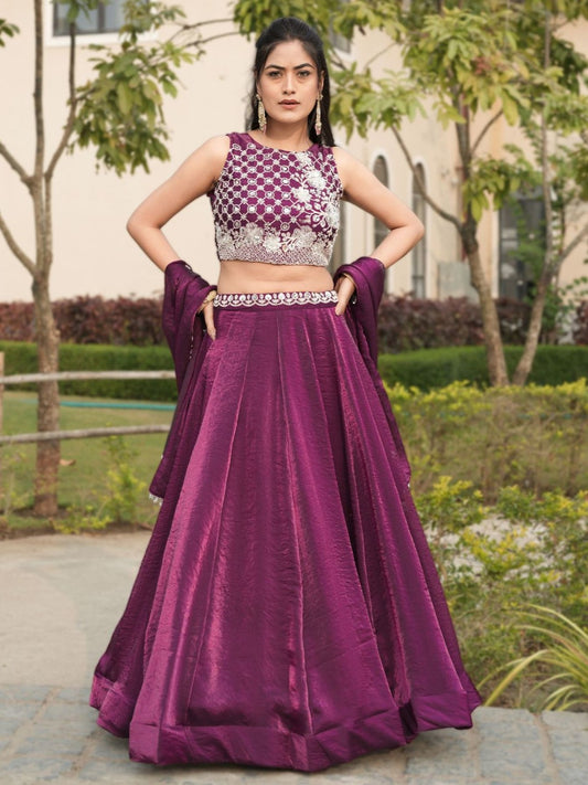 Attractive Wine Embroidered Silk Wedding Lehenga Choli