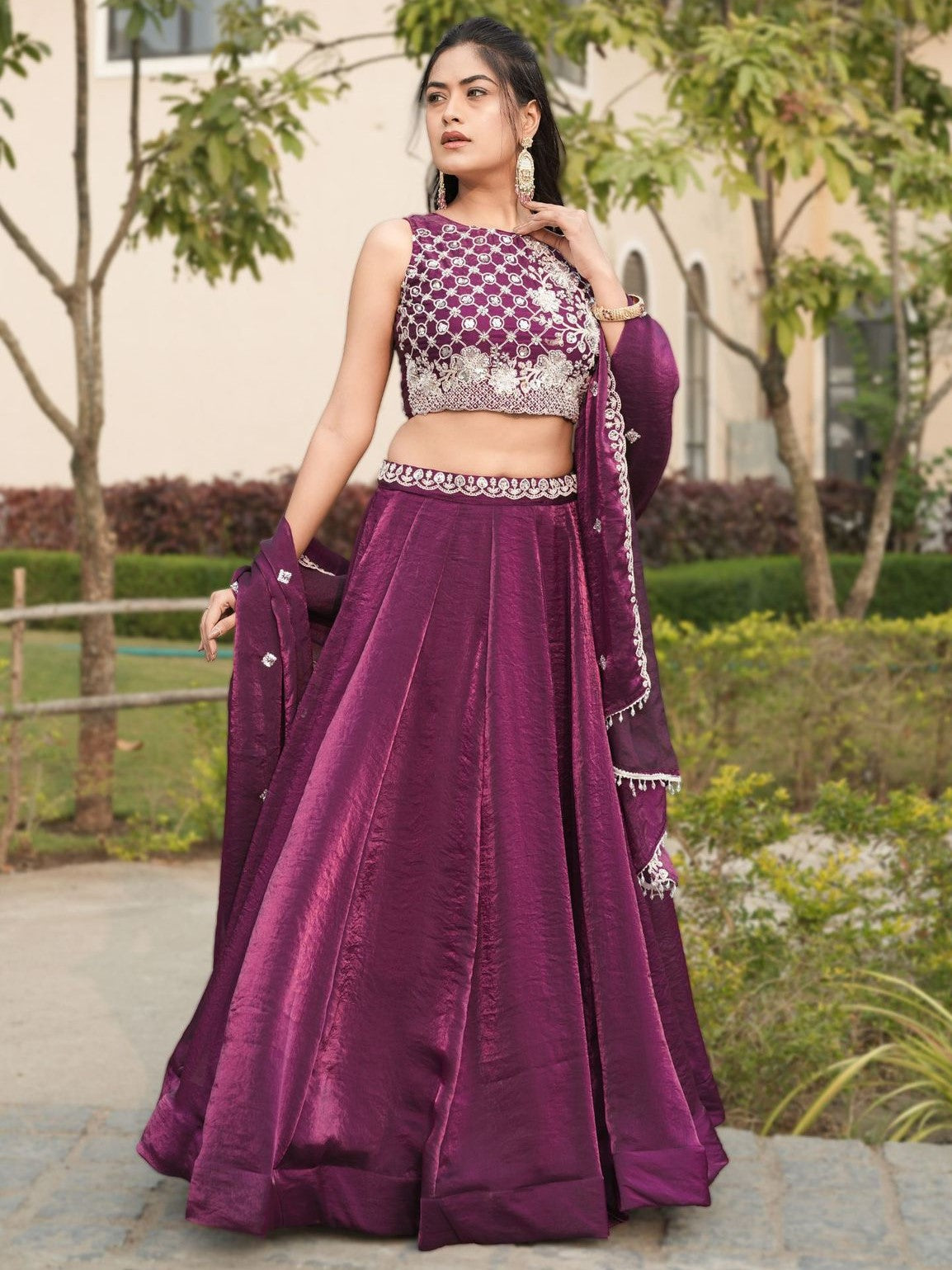 Attractive Wine Embroidered Silk Wedding Lehenga Choli