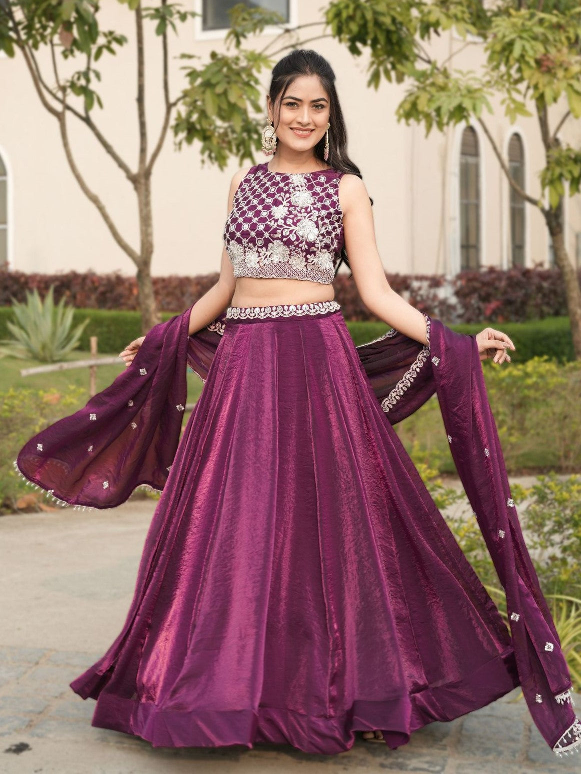 Attractive Wine Embroidered Silk Wedding Lehenga Choli