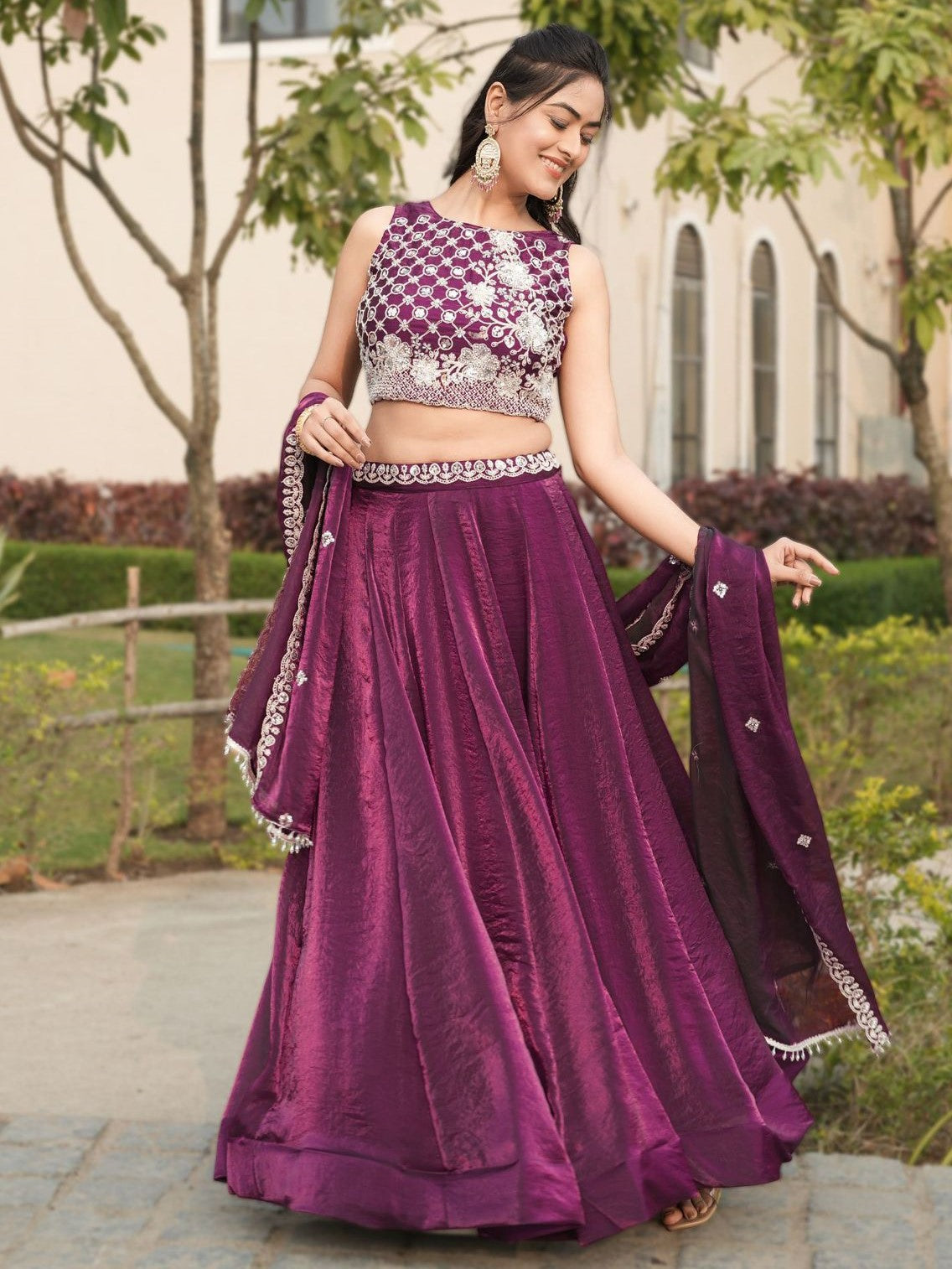 Attractive Wine Embroidered Silk Wedding Lehenga Choli