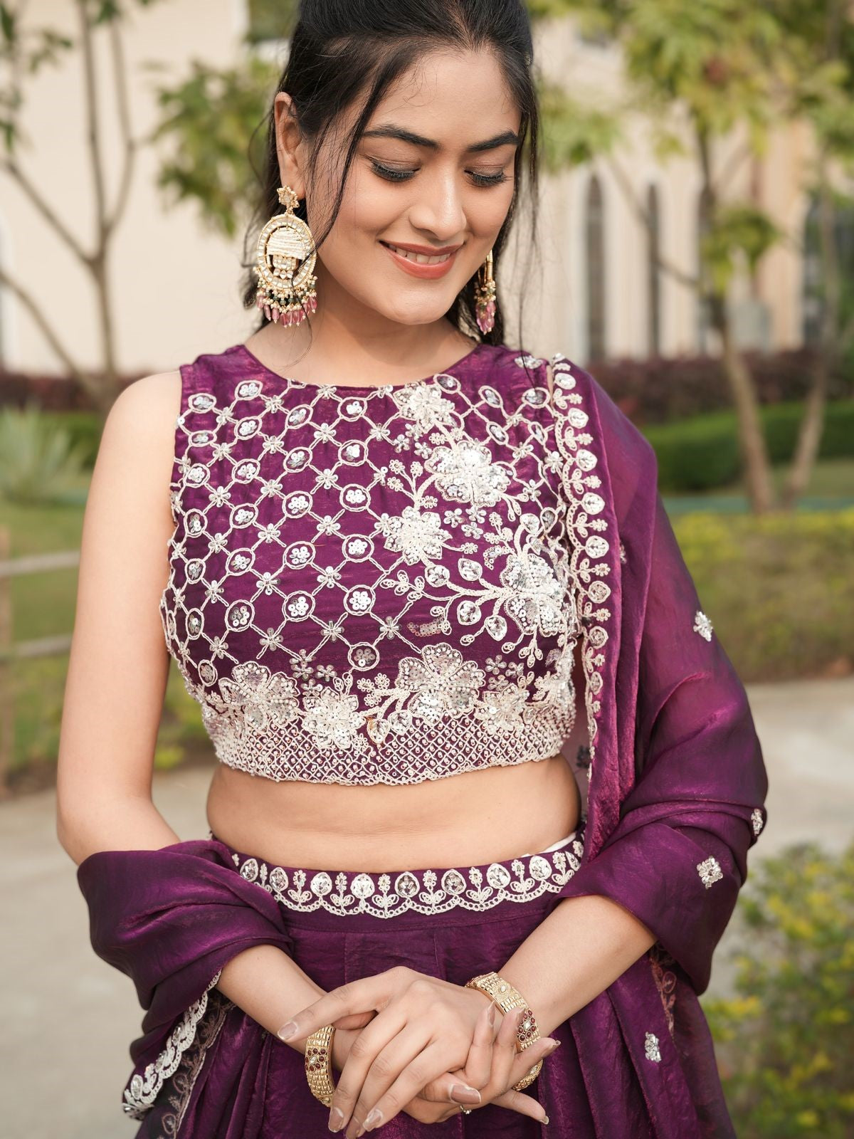 Attractive Wine Embroidered Silk Wedding Lehenga Choli