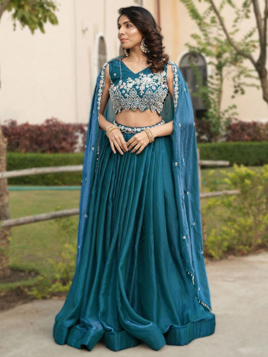 Attractive Blue Embroidered Silk Wedding Lehenga Choli