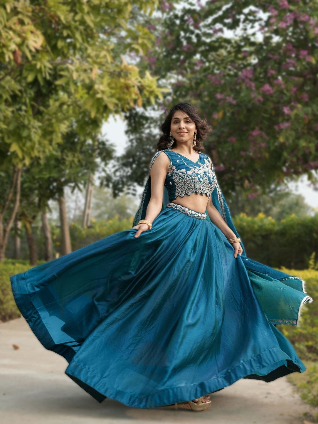 Attractive Blue Embroidered Silk Wedding Lehenga Choli