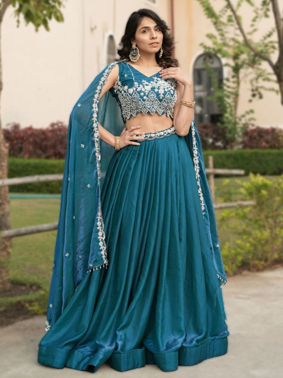 Attractive Blue Embroidered Silk Wedding Lehenga Choli