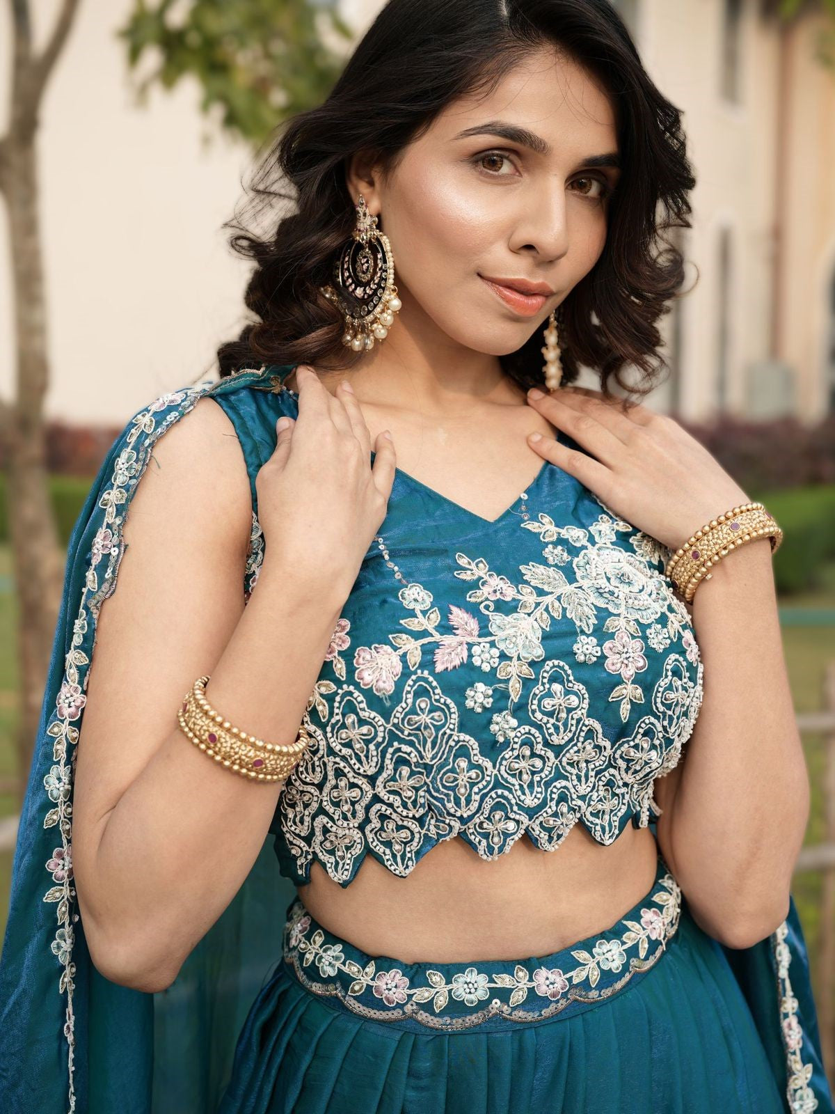 Attractive Blue Embroidered Silk Wedding Lehenga Choli