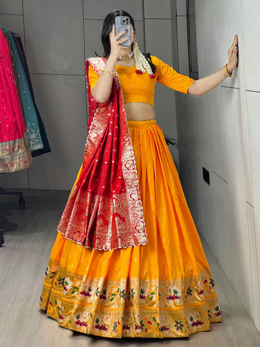 Marvelous Yellow Zari Weaving Silk Paithani Lehenga Choli