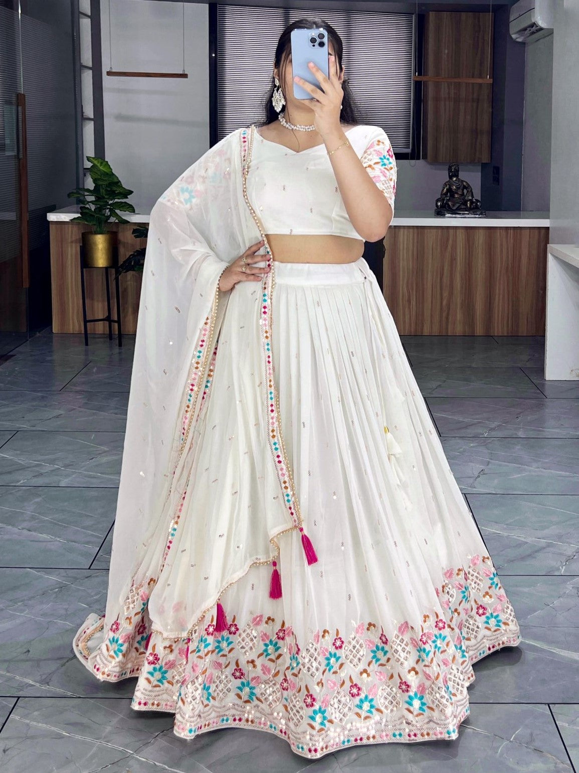 Attractive Off-White Sequins Work Georgette Lehenga Choli