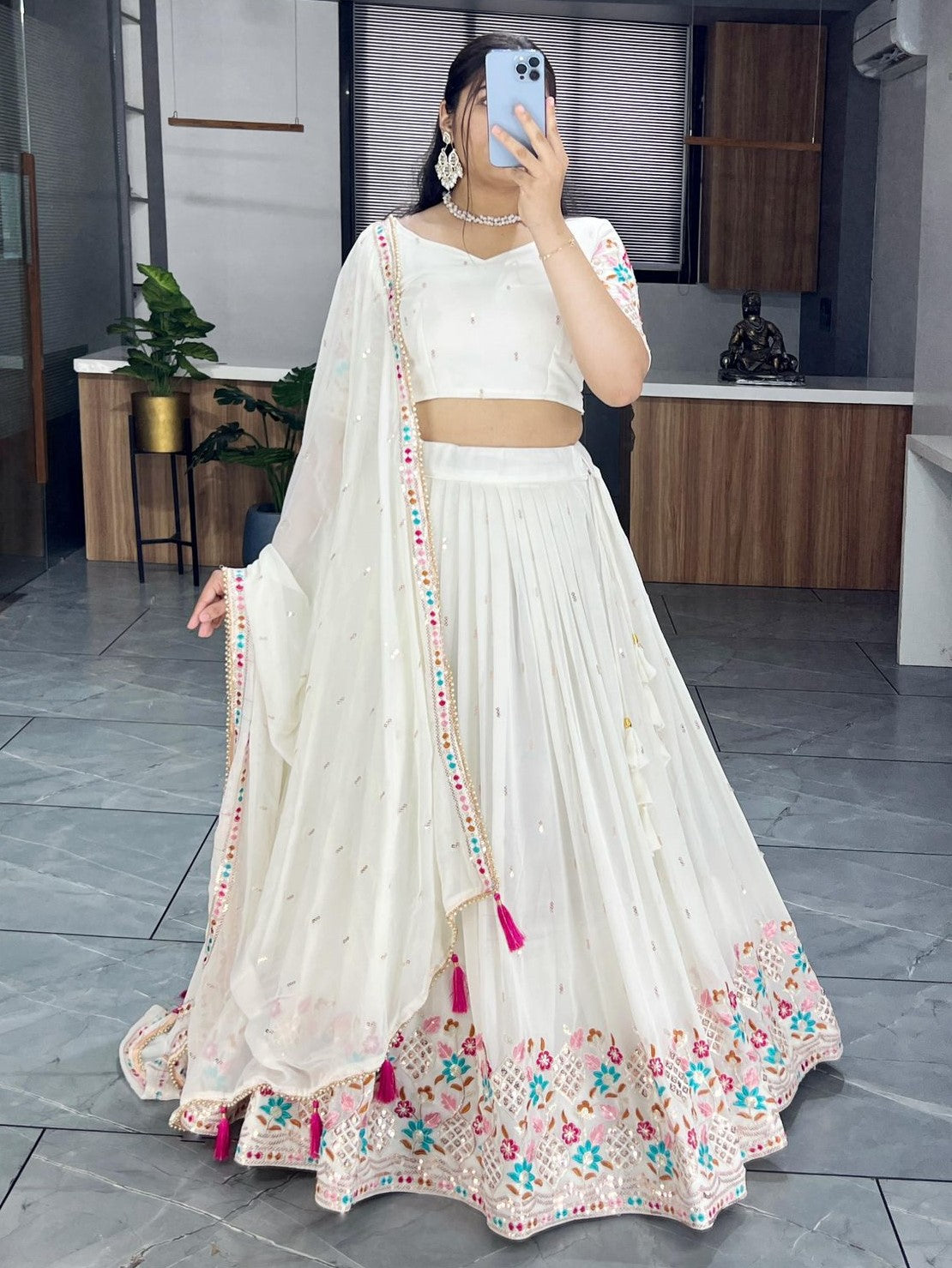 Attractive Off-White Sequins Work Georgette Lehenga Choli