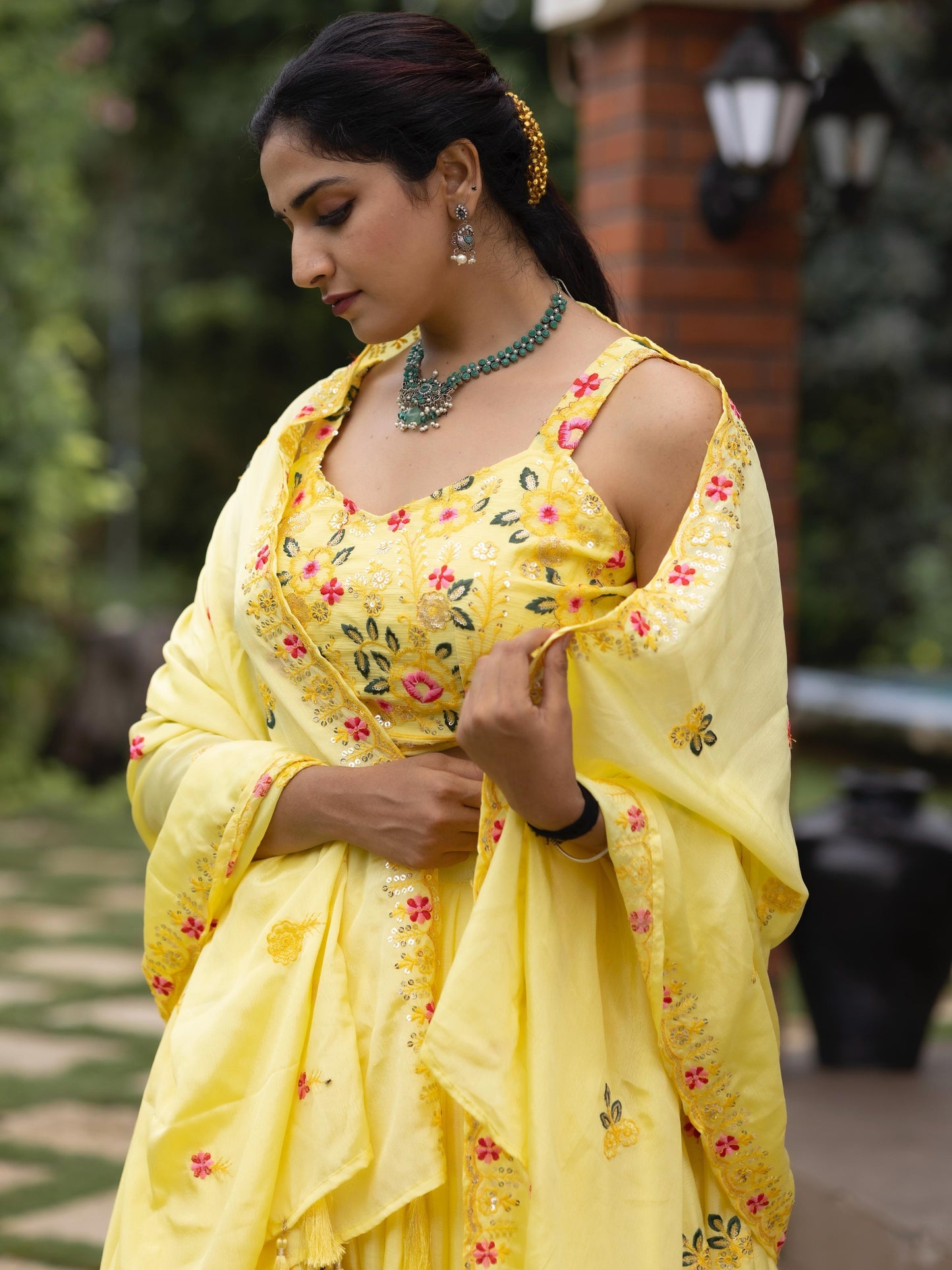 Beautiful Yellow Sequins Work Chinon Haldi Wear Lehenga Choli