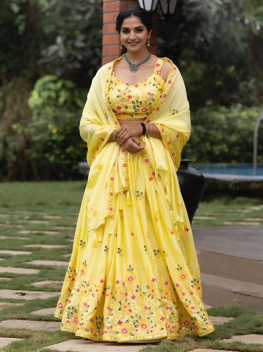 Beautiful Yellow Sequins Work Chinon Haldi Wear Lehenga Choli