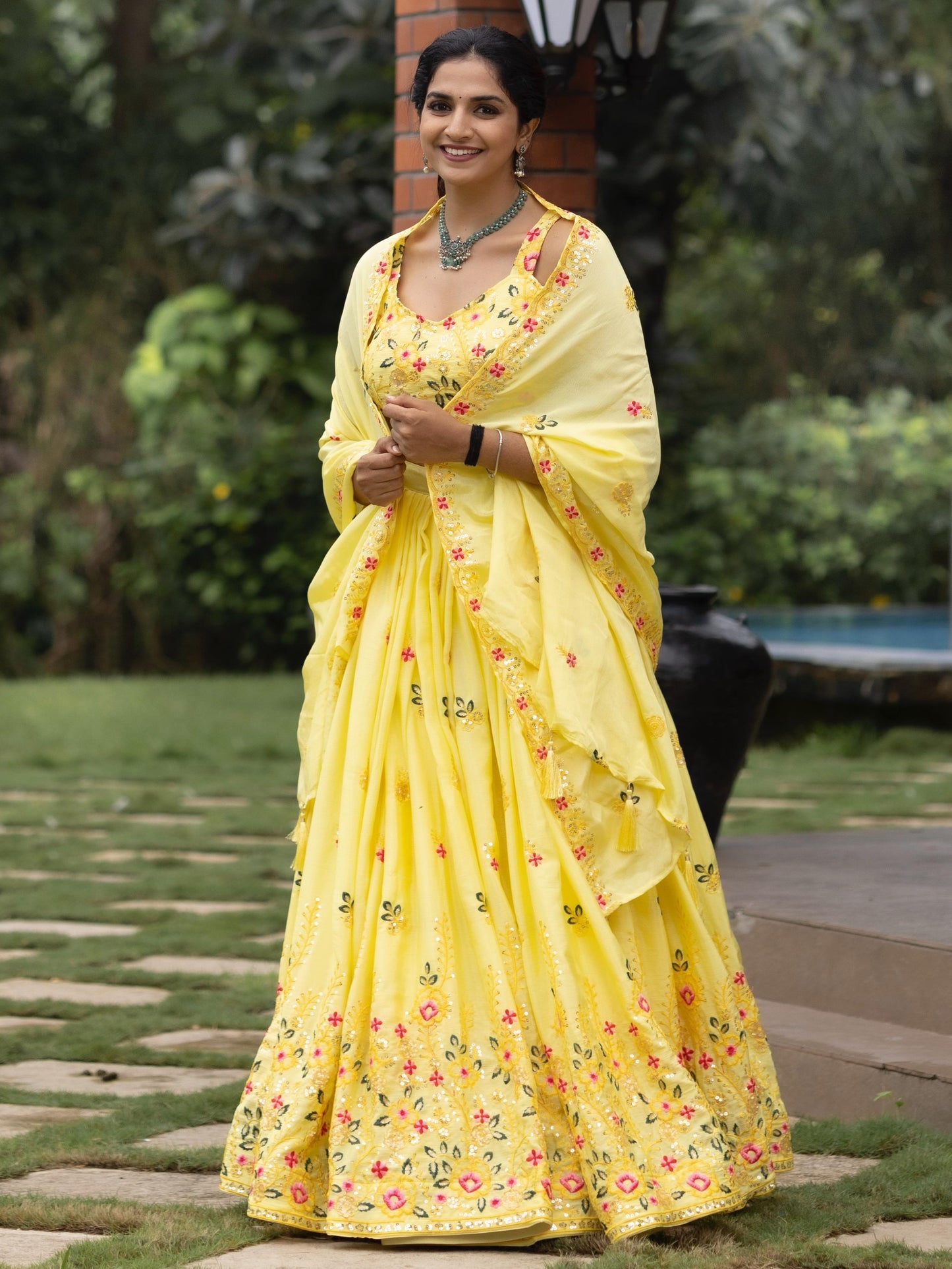 Beautiful Yellow Sequins Work Chinon Haldi Wear Lehenga Choli