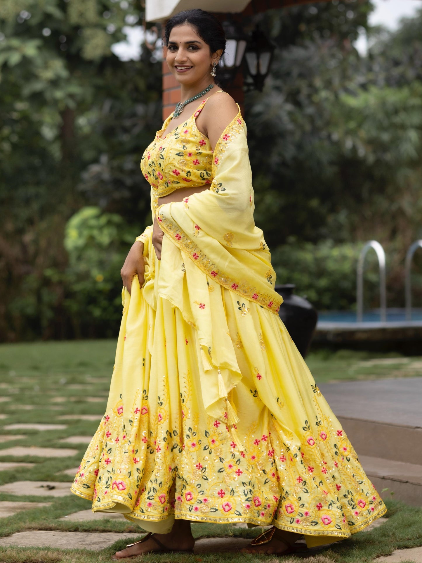 Beautiful Yellow Sequins Work Chinon Haldi Wear Lehenga Choli