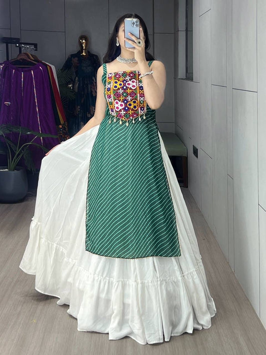 Capricious Green & White Cotton Navratri Crop Top Lehenga