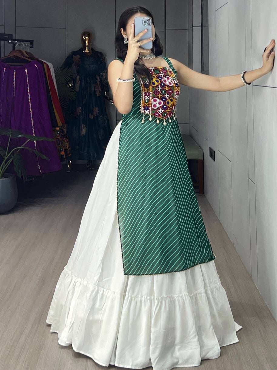 Capricious Green & White Cotton Navratri Crop Top Lehenga