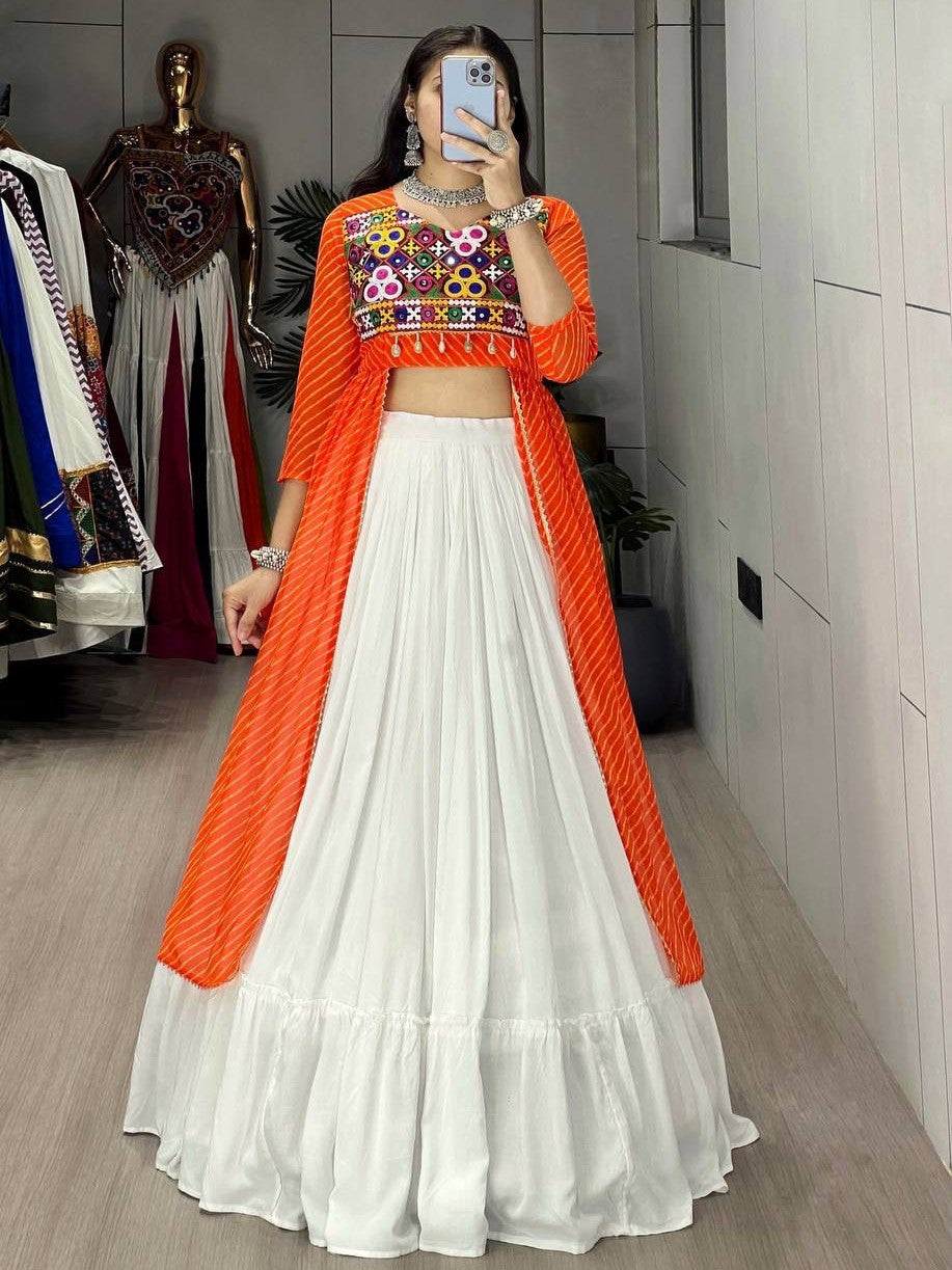 Graceful Orange & White Cotton Navratri Crop Top Lehenga