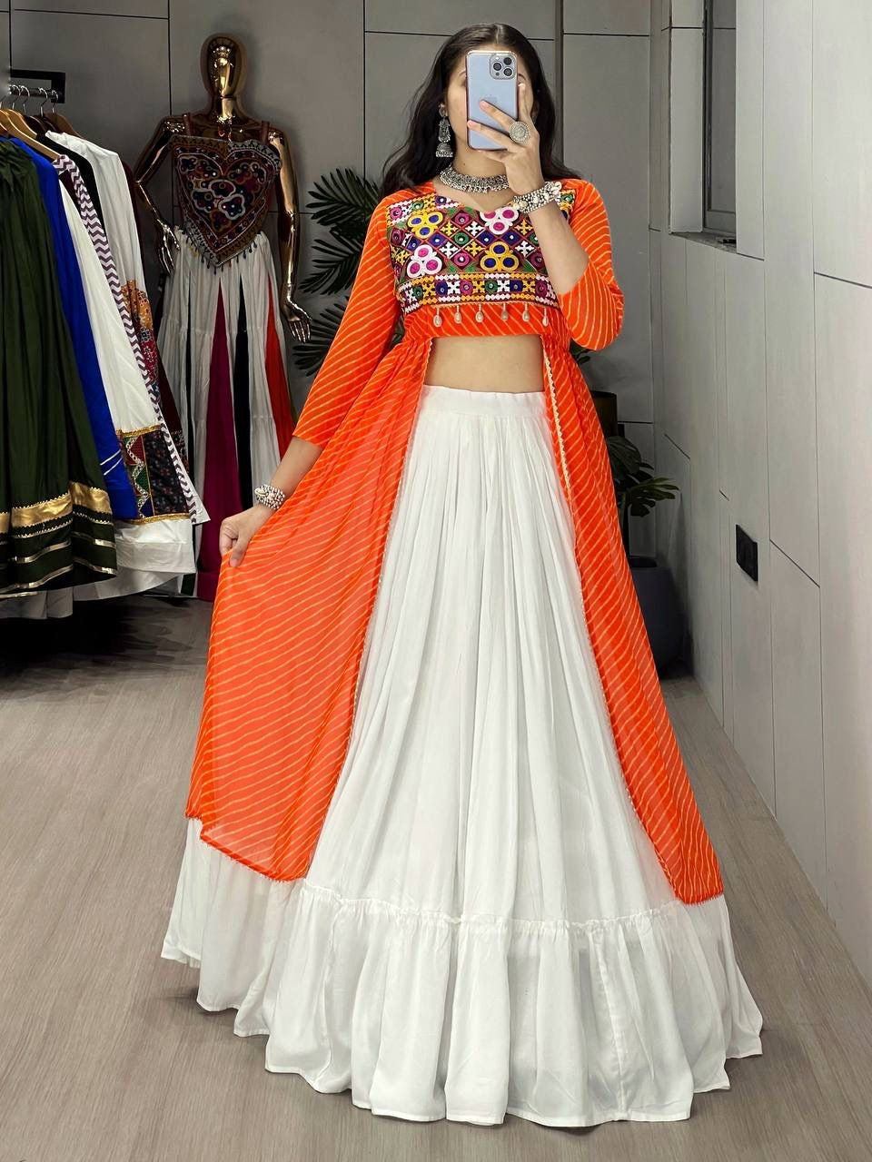Graceful Orange & White Cotton Navratri Crop Top Lehenga