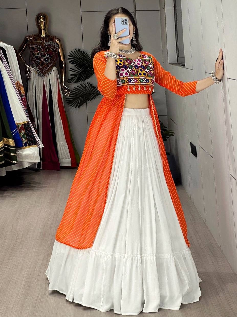 Graceful Orange & White Cotton Navratri Crop Top Lehenga