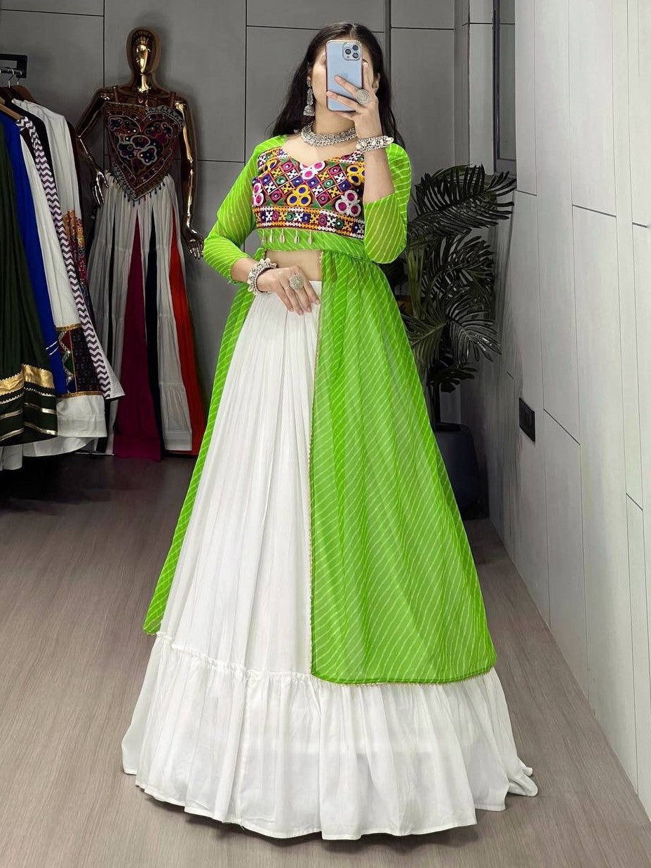 Superb White Cotton Lehenga With Parrot Green Top