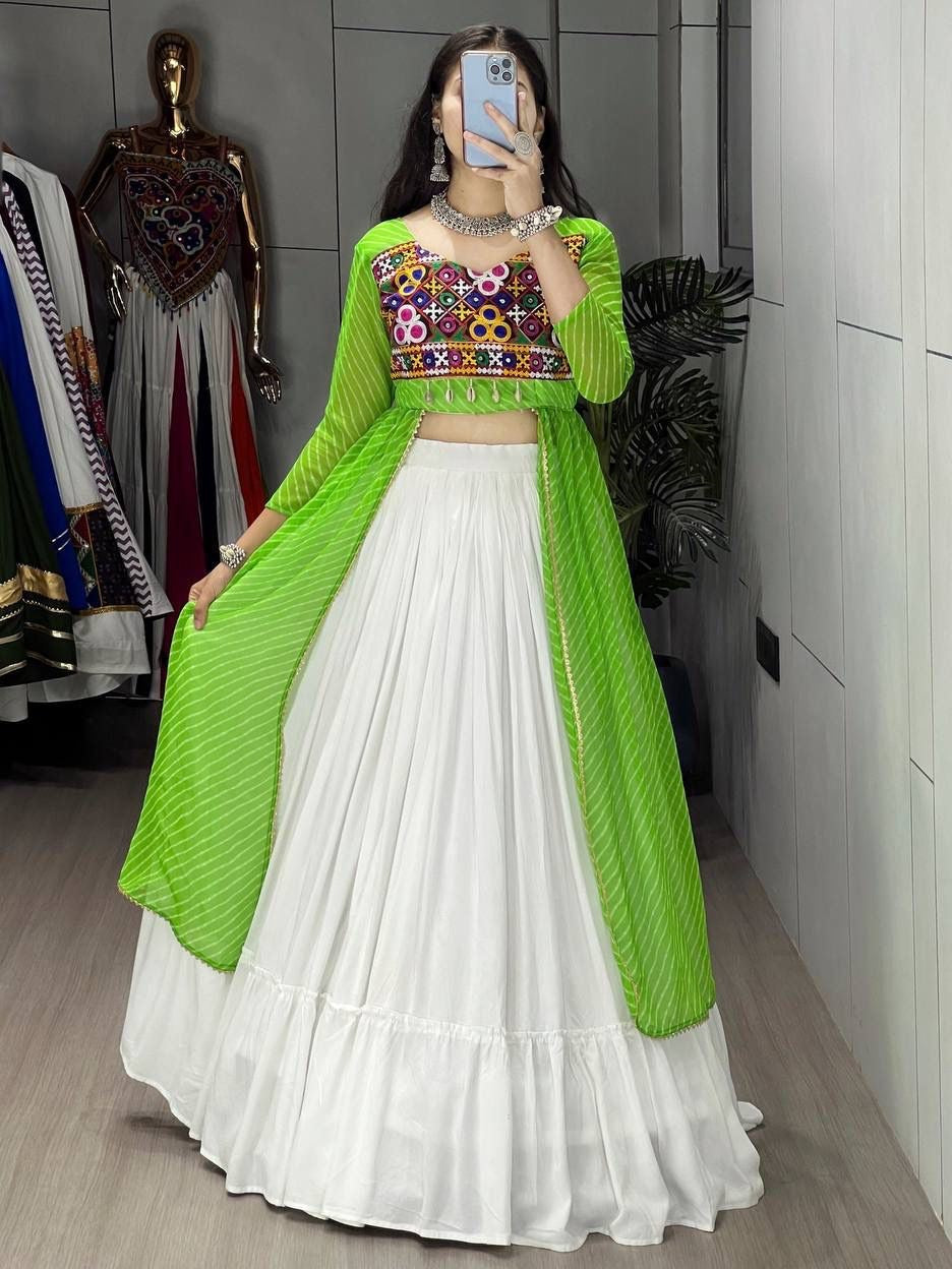 Superb White Cotton Lehenga With Parrot Green Top