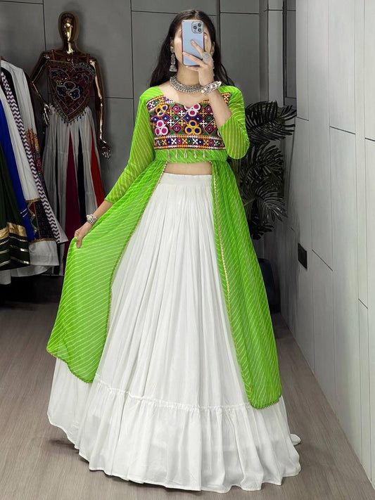 Superb White Cotton Lehenga With Parrot Green Top