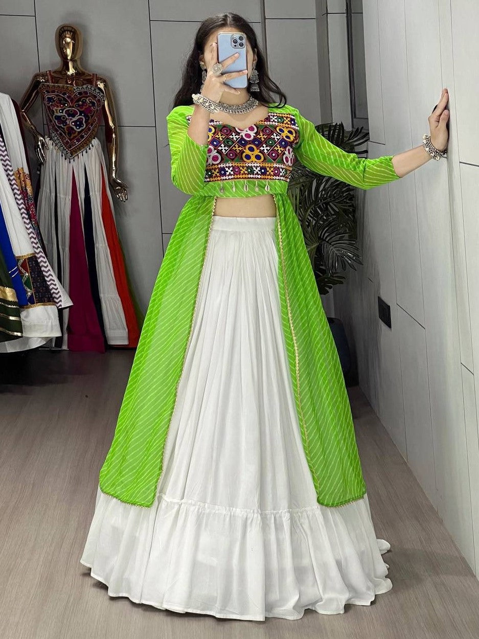 Superb White Cotton Lehenga With Parrot Green Top