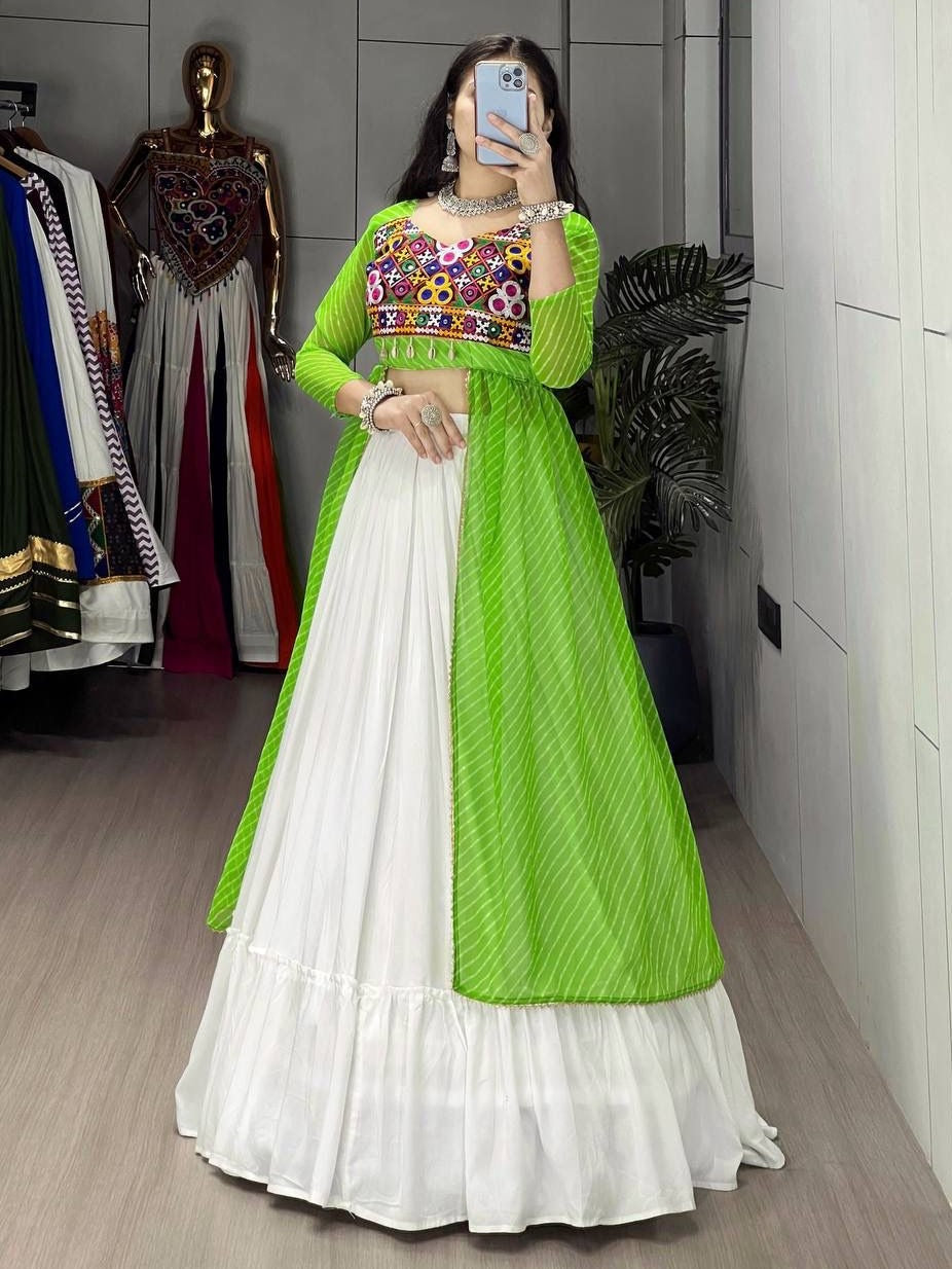 Superb White Cotton Lehenga With Parrot Green Top