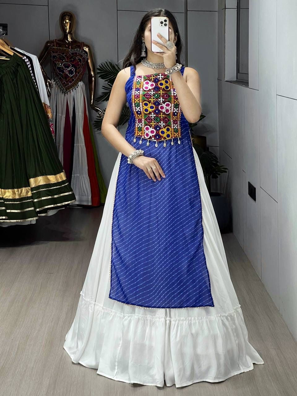 Stunning Blue & White Cotton Navratri Crop Top Lehenga