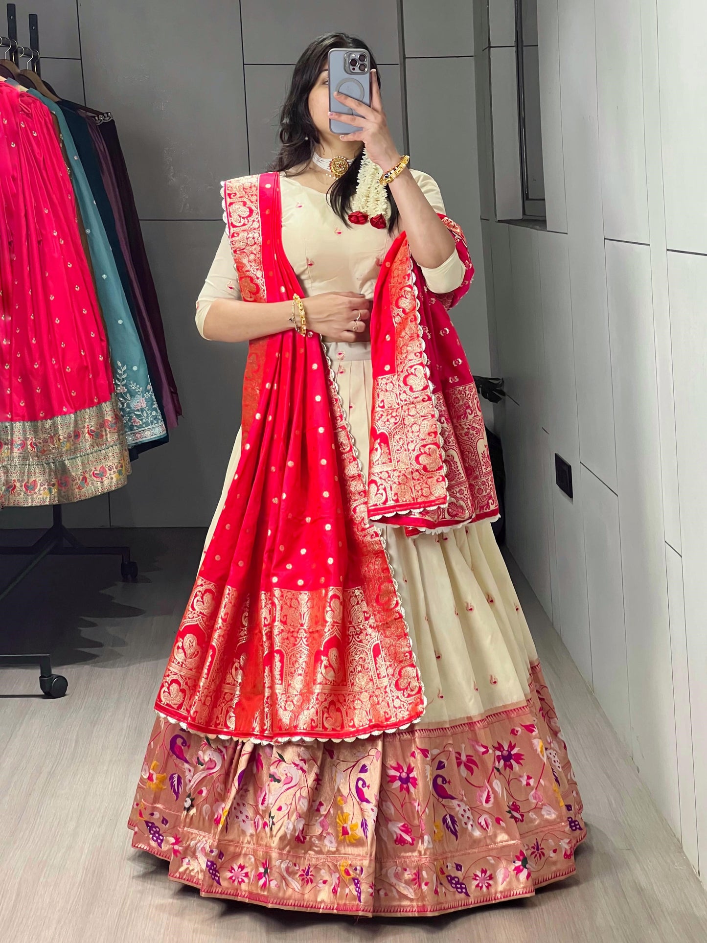 Attractive Cream Paithani Silk Lehenga With Red Dupatta