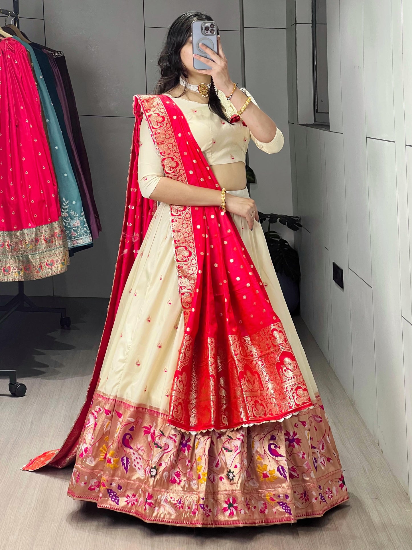 Attractive Cream Paithani Silk Lehenga With Red Dupatta
