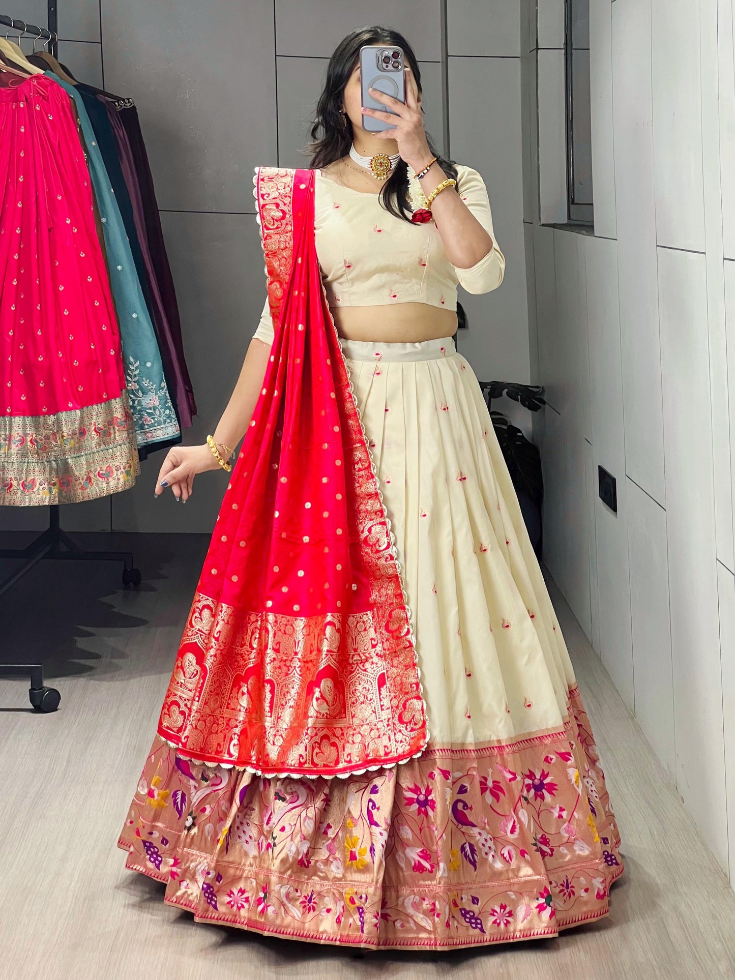 Attractive Cream Paithani Silk Lehenga With Red Dupatta