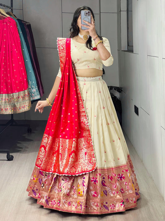 Attractive Cream Paithani Silk Lehenga With Red Dupatta
