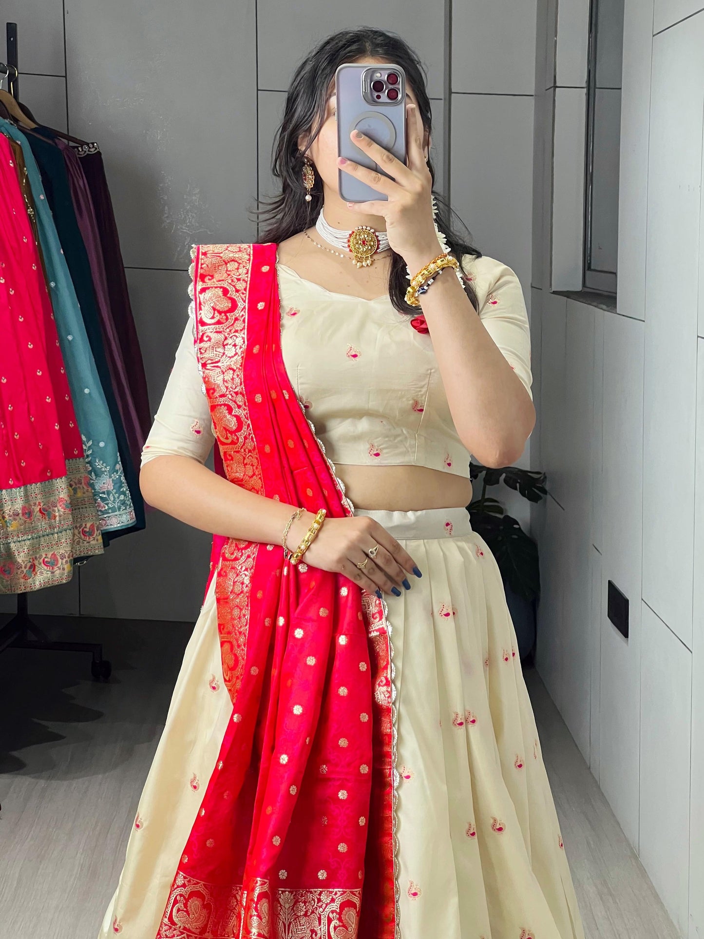 Attractive Cream Paithani Silk Lehenga With Red Dupatta
