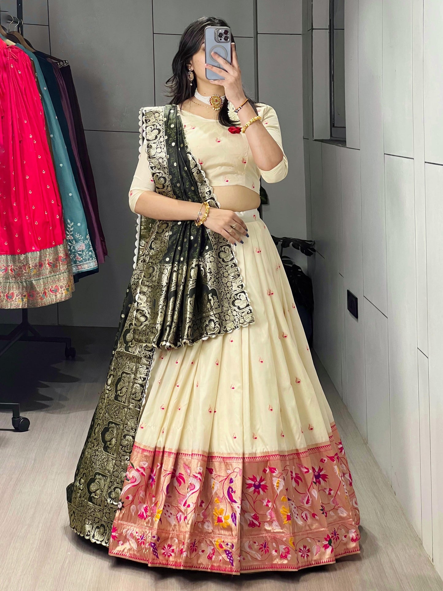 Spectacular Cream Paithani Silk Lehenga With Green Dupatta