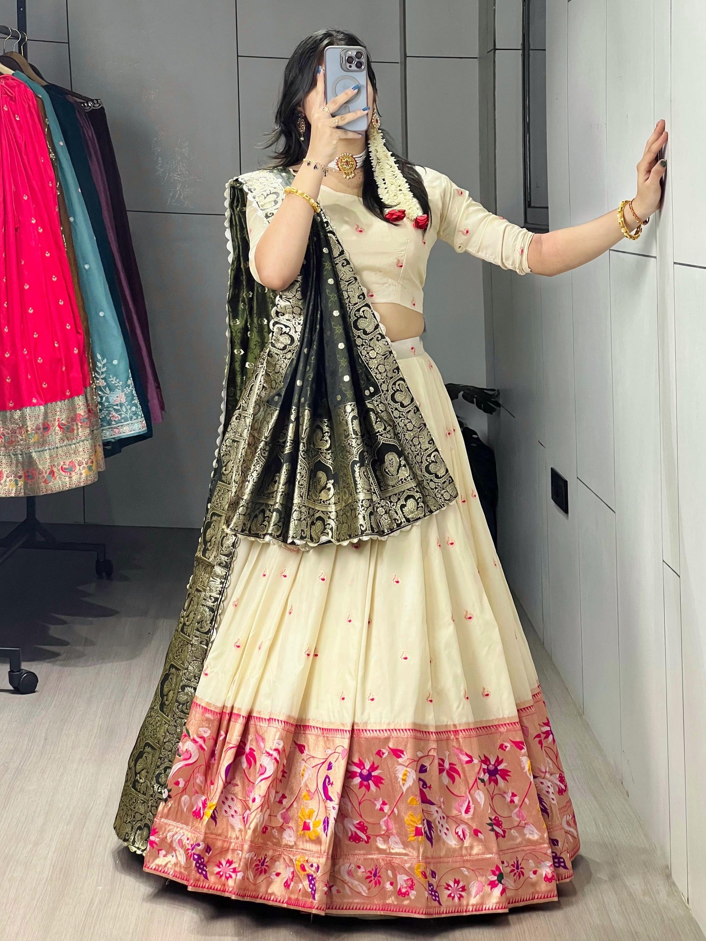 Spectacular Cream Paithani Silk Lehenga With Green Dupatta